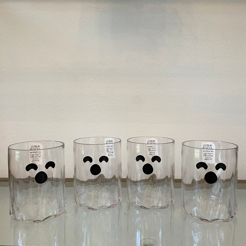 GOBLIN & GHOUL Set of 4 Clear Acrylic Ghost Glasses 4.5in Spooky Halloween New